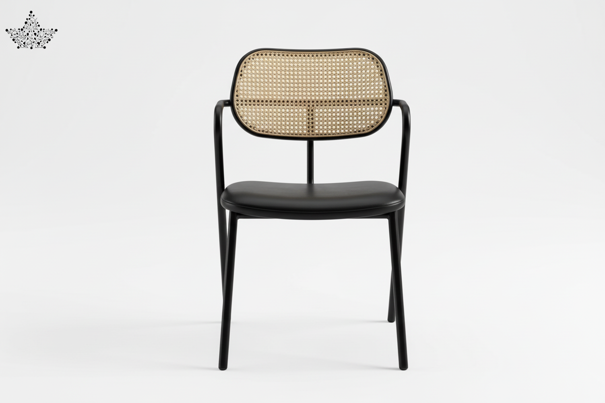 Chair with black frame and woven backrest on a white background