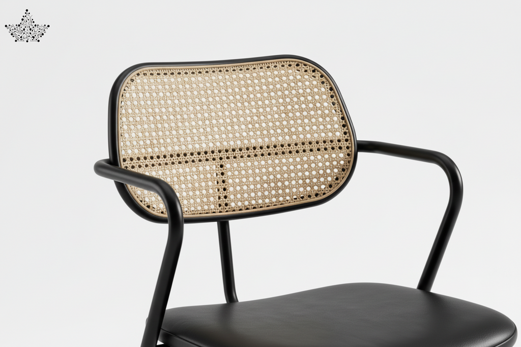 Chair with black frame and woven backrest on a white background
