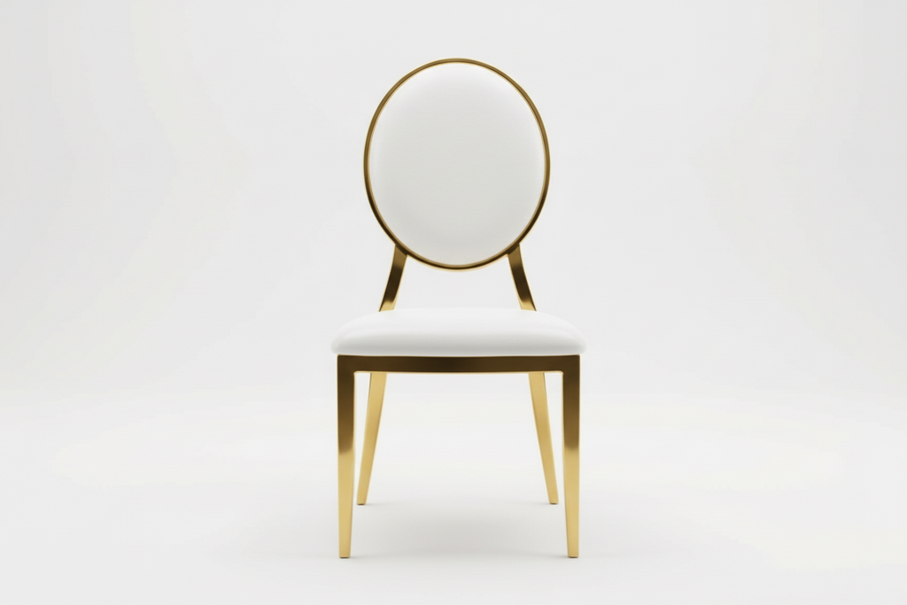 Gold chair with white cushion on a light gray background