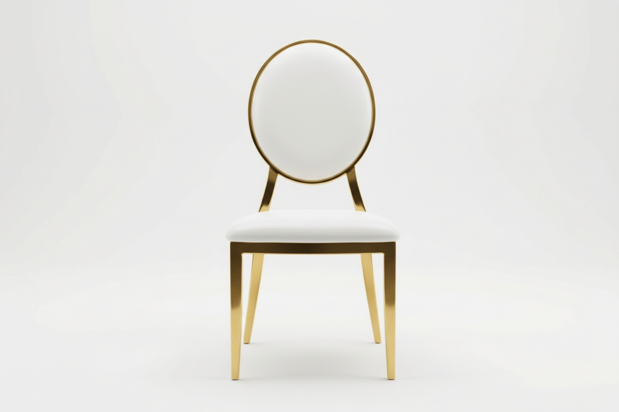 Gold chair with white cushion on a light gray background