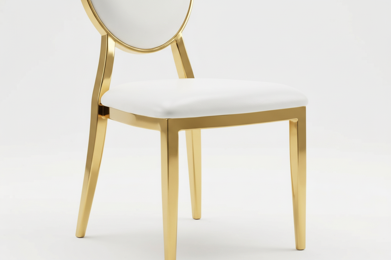 Gold chair with white cushion on a light gray background