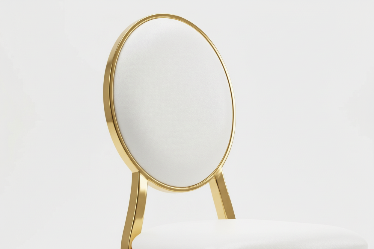 Gold chair with white cushion on a light gray background