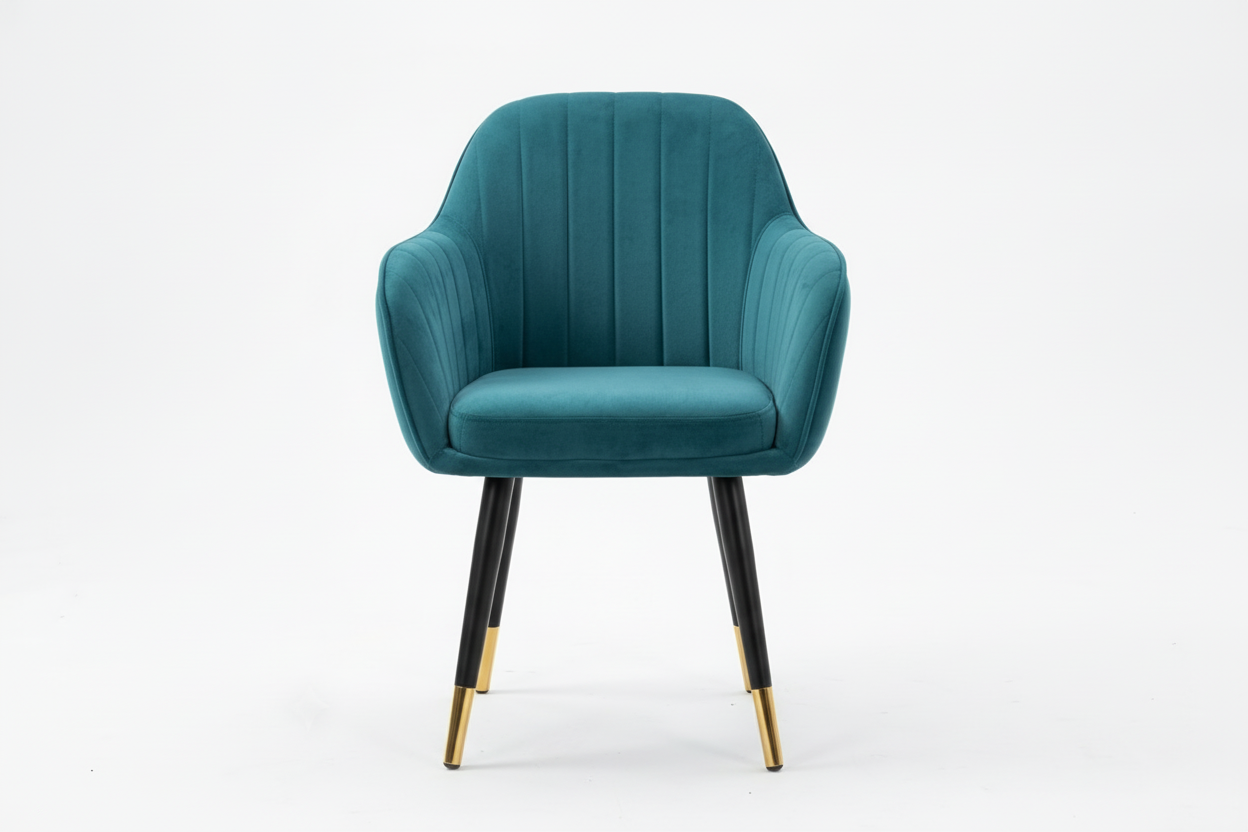 Teal armchair with black legs on a white background