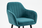 Teal velvet chair with black legs and gold feet on a white background