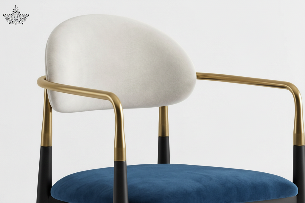 Chair with white backrest and blue seat on a white background