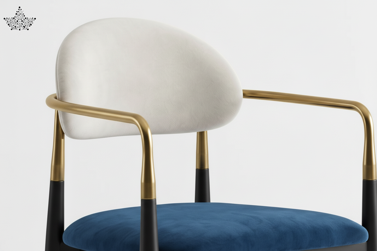 Chair with white backrest and blue seat on a white background