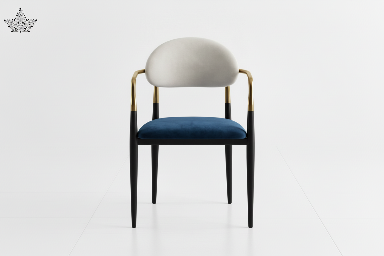 Chair with white backrest and blue seat on a white background
