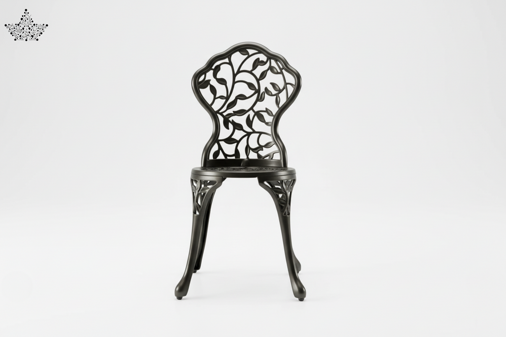 Decorative black metal chair on a white background