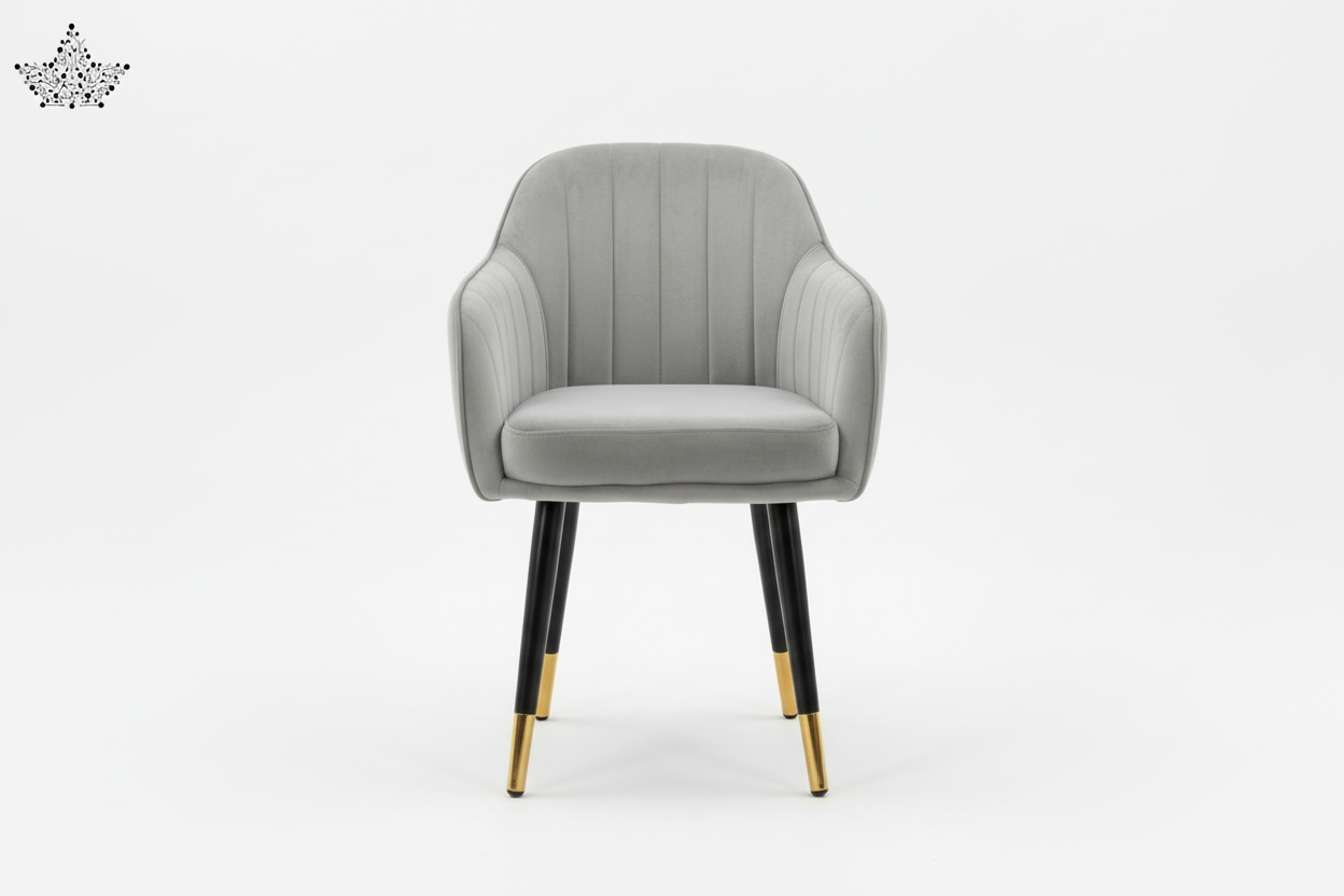 Gray upholstered chair with black legs and gold feet on a white background