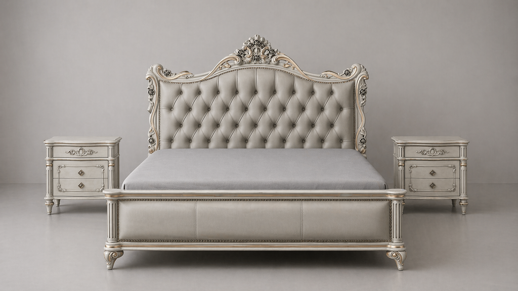 Luxurious bedroom set with a tufted bed and matching nightstands on a gray background
