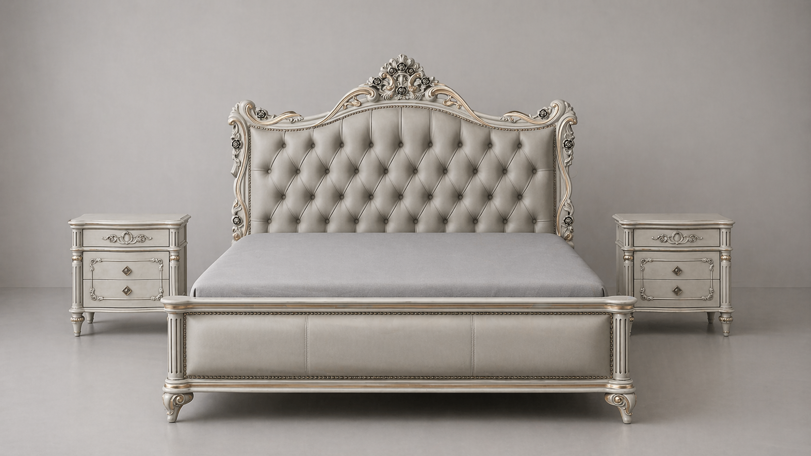 Luxurious bedroom set with a tufted bed and matching nightstands on a gray background