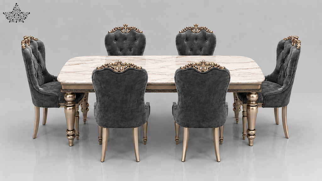 Dining table set with gray upholstered chairs and gold accents on a gray background