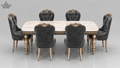 Dining table set with gray upholstered chairs and gold accents on a gray background
