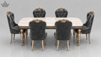 Dining table set with gray upholstered chairs and gold accents on a gray background