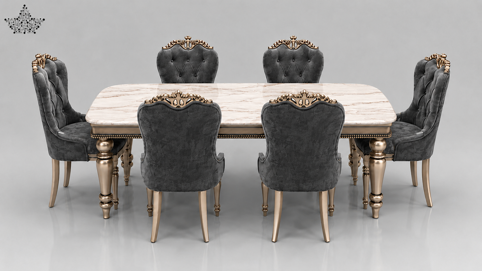 Dining table set with gray upholstered chairs and gold accents on a gray background