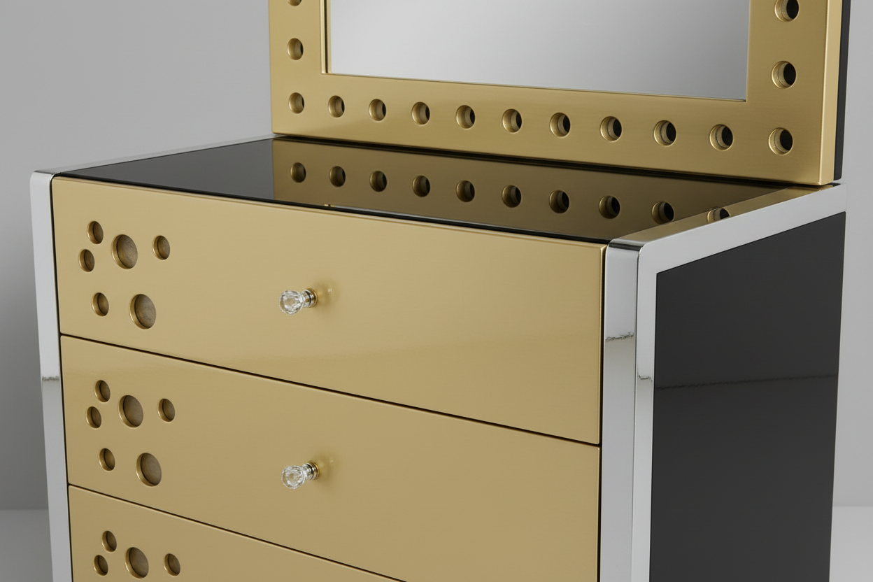 Beige dresser with mirror on a gray background