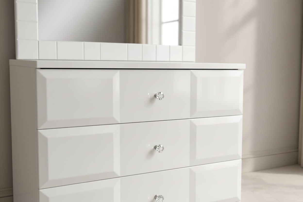 White dresser with mirror in a room with a plant and light fixture.