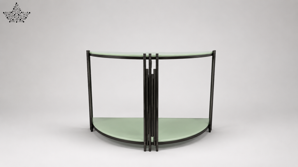 Decorative metal screen with a curved design on a white background
