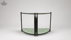 Decorative metal screen with a curved design on a white background