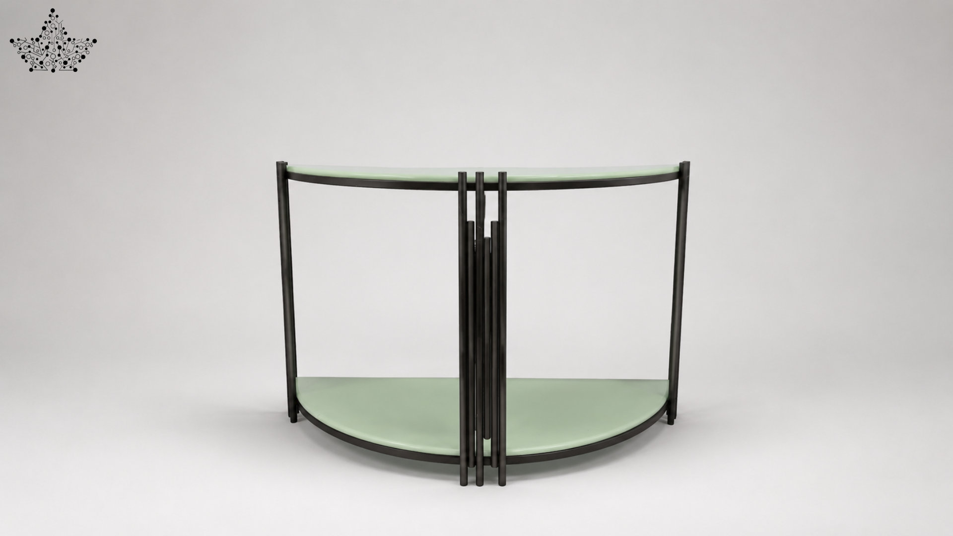 Decorative metal screen with a curved design on a white background