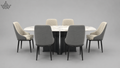 A modern dining set featuring a round white marble-top table with a black pedestal base, surrounded by six upholstered dining chairs with gray fabric backs and cream chevron-patterned seats, set against a solid gray studio background.