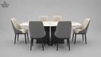 A modern dining set featuring a round white marble-top table with a black pedestal base, surrounded by six upholstered dining chairs with gray fabric backs and cream chevron-patterned seats, set against a solid gray studio background.