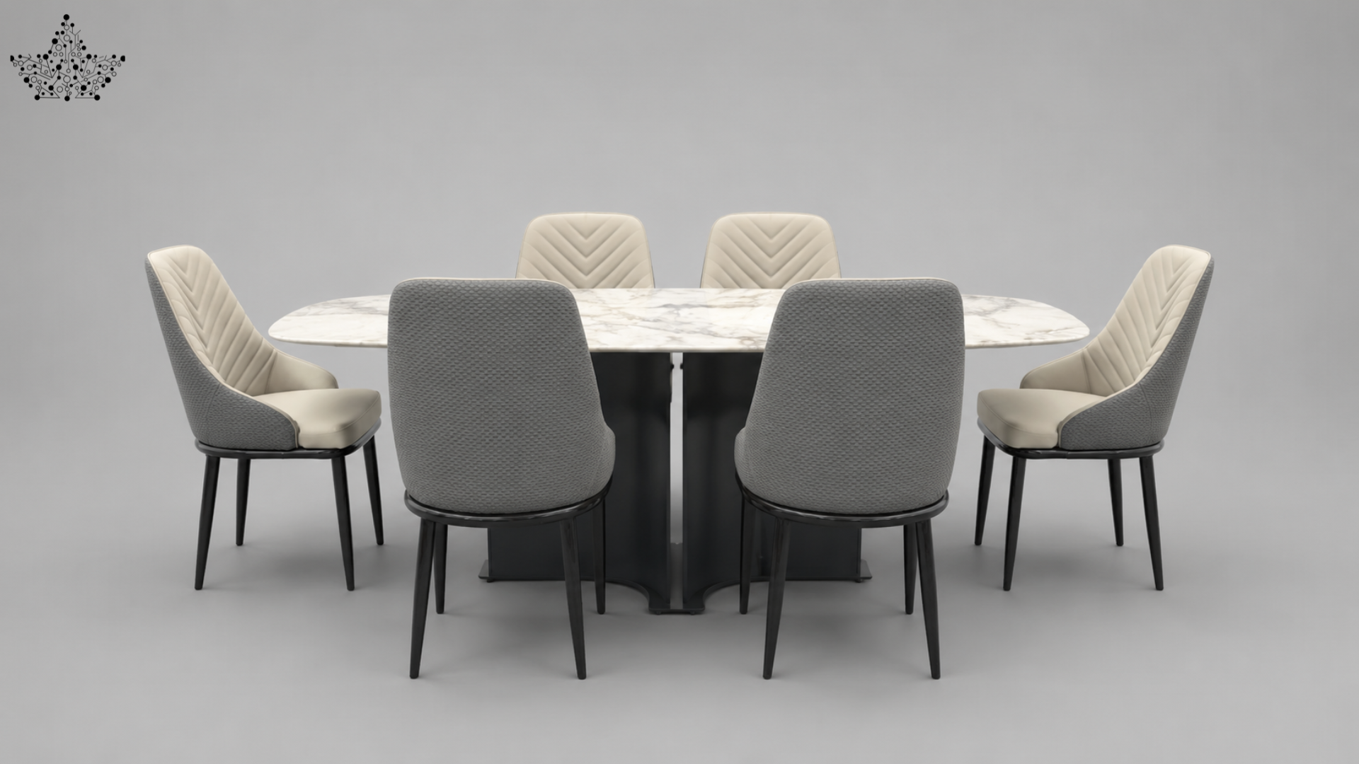 A modern dining set featuring a round white marble-top table with a black pedestal base, surrounded by six upholstered dining chairs with gray fabric backs and cream chevron-patterned seats, set against a solid gray studio background.
