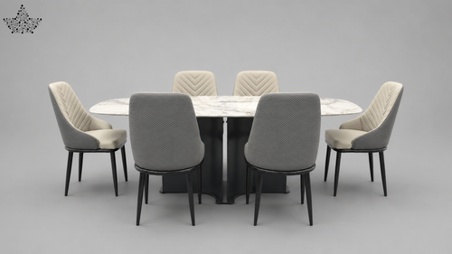 A modern dining set featuring a round white marble-top table with a black pedestal base, surrounded by six upholstered dining chairs with gray fabric backs and cream chevron-patterned seats, set against a solid gray studio background.