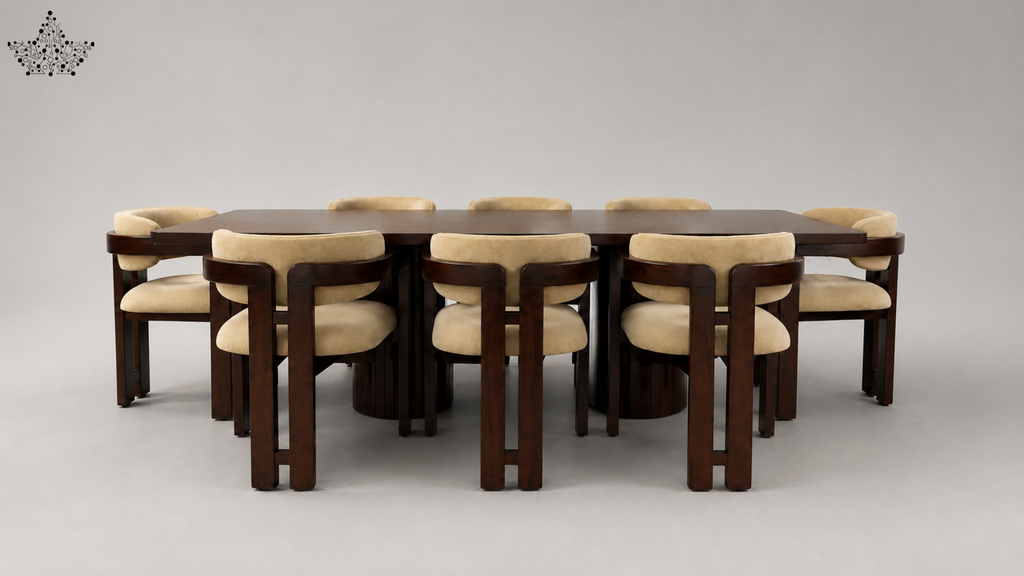 A mid-century modern dining set featuring a dark wood rectangular table and eight matching armchairs with beige upholstered seats and backs, set against a neutral gray studio background.