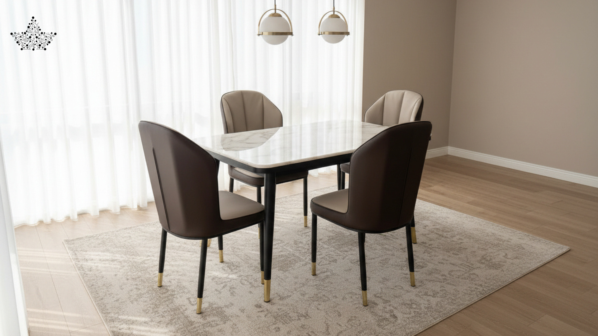 4 Seater Dining Table Set – Marble Top with Brown Leatherette Chairs