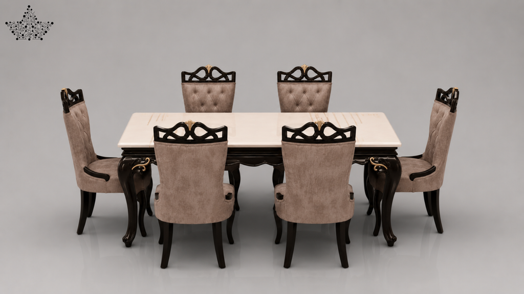 Dining table set with six chairs on a gray background