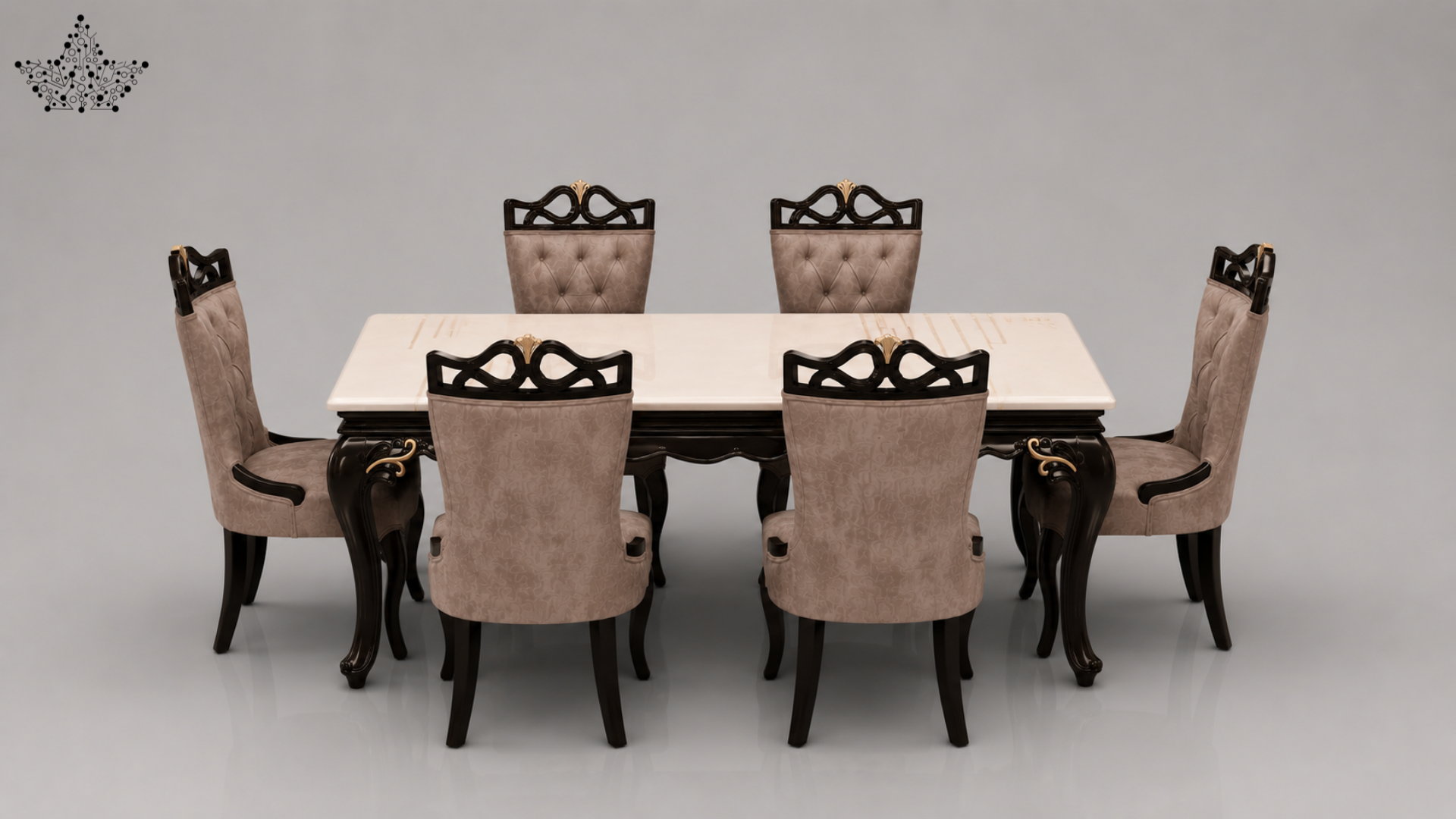Dining table set with six chairs on a gray background