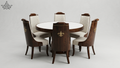 Dining table set with six chairs on a light gray background