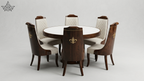 Dining table set with six chairs on a light gray background