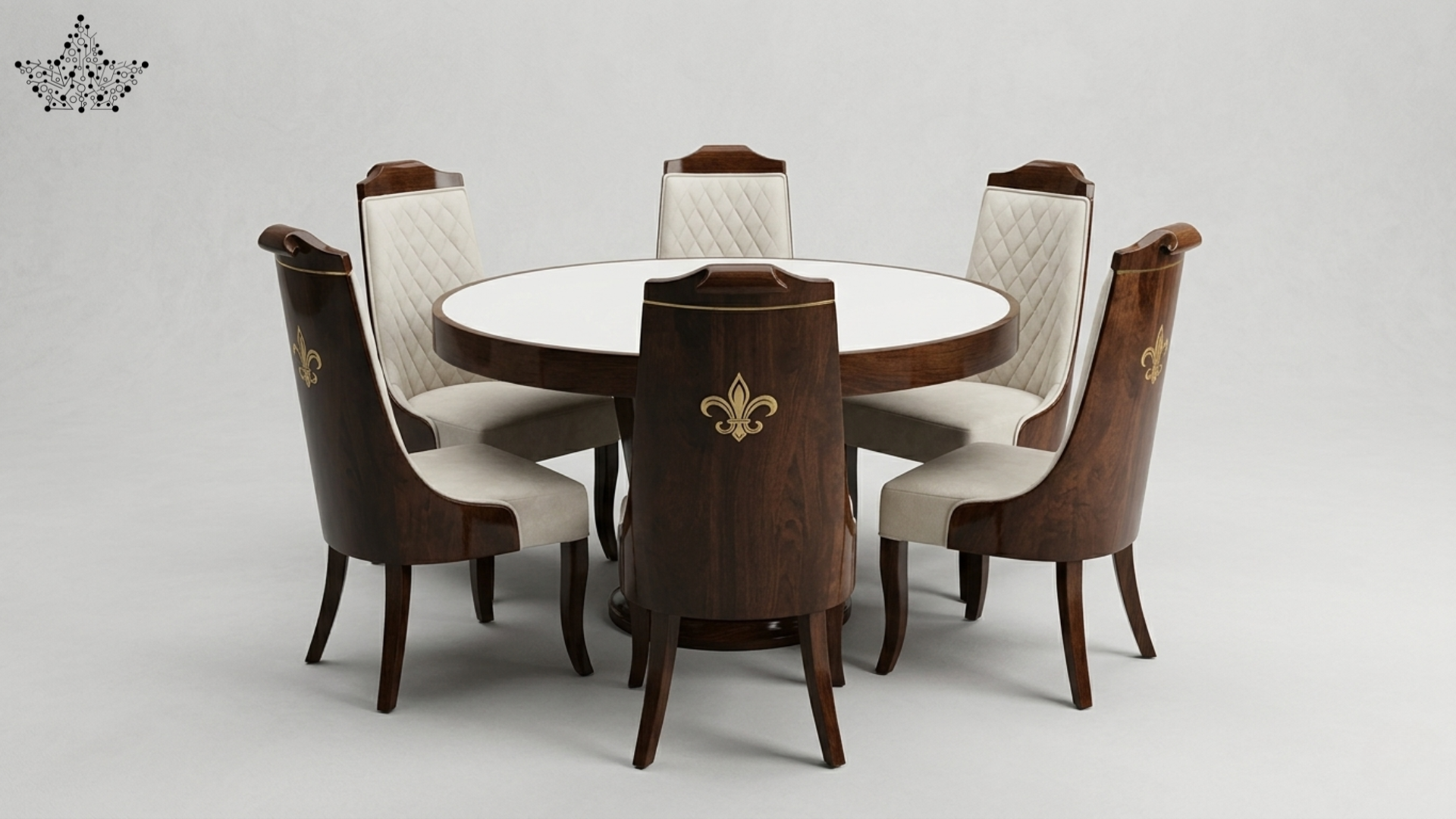 Dining table set with six chairs on a light gray background