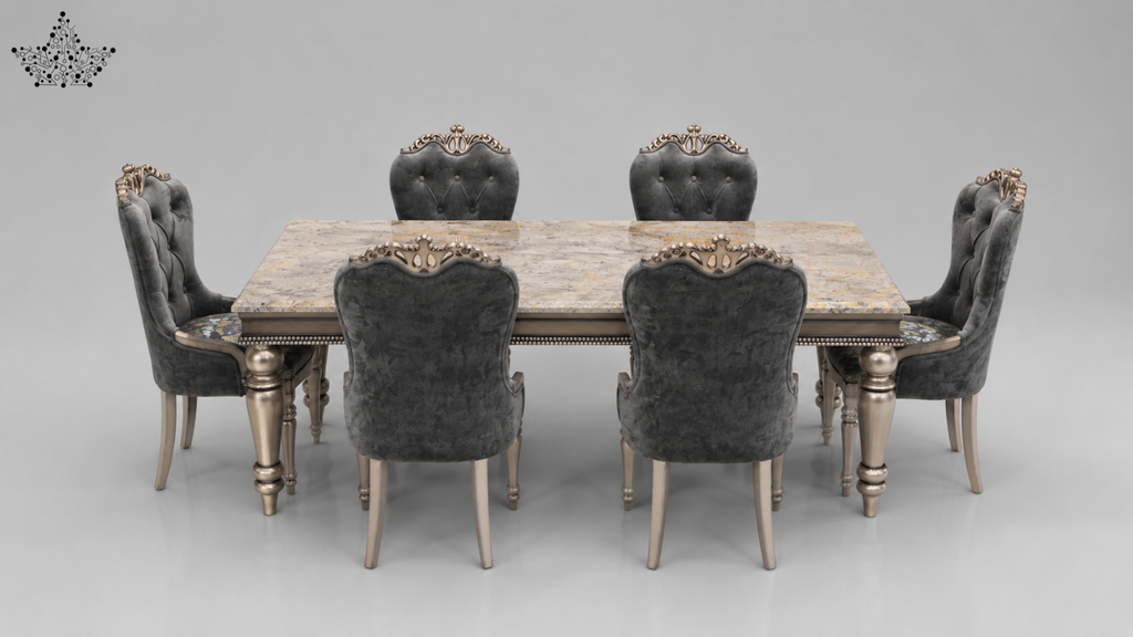 Versailles Grey 6-Seater Marble Dining Set – Champagne Gold & Charcoal Velvet
