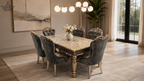 Versailles Grey 6-Seater Marble Dining Set – Champagne Gold & Charcoal Velvet