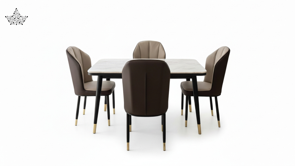 4 Seater Dining Table Set – Marble Top with Brown Leatherette Chairs