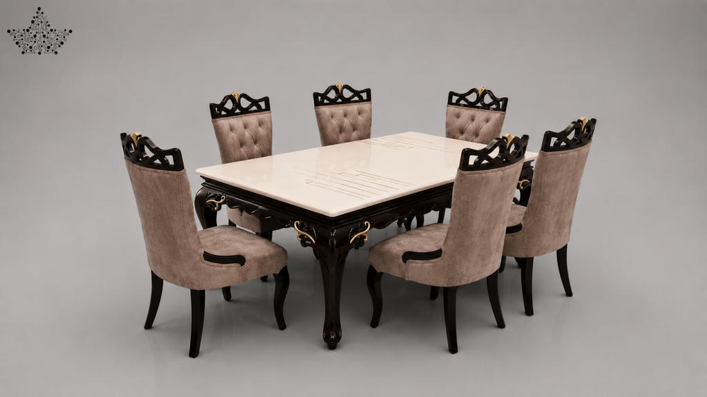 Dining table set with six chairs on a gray background