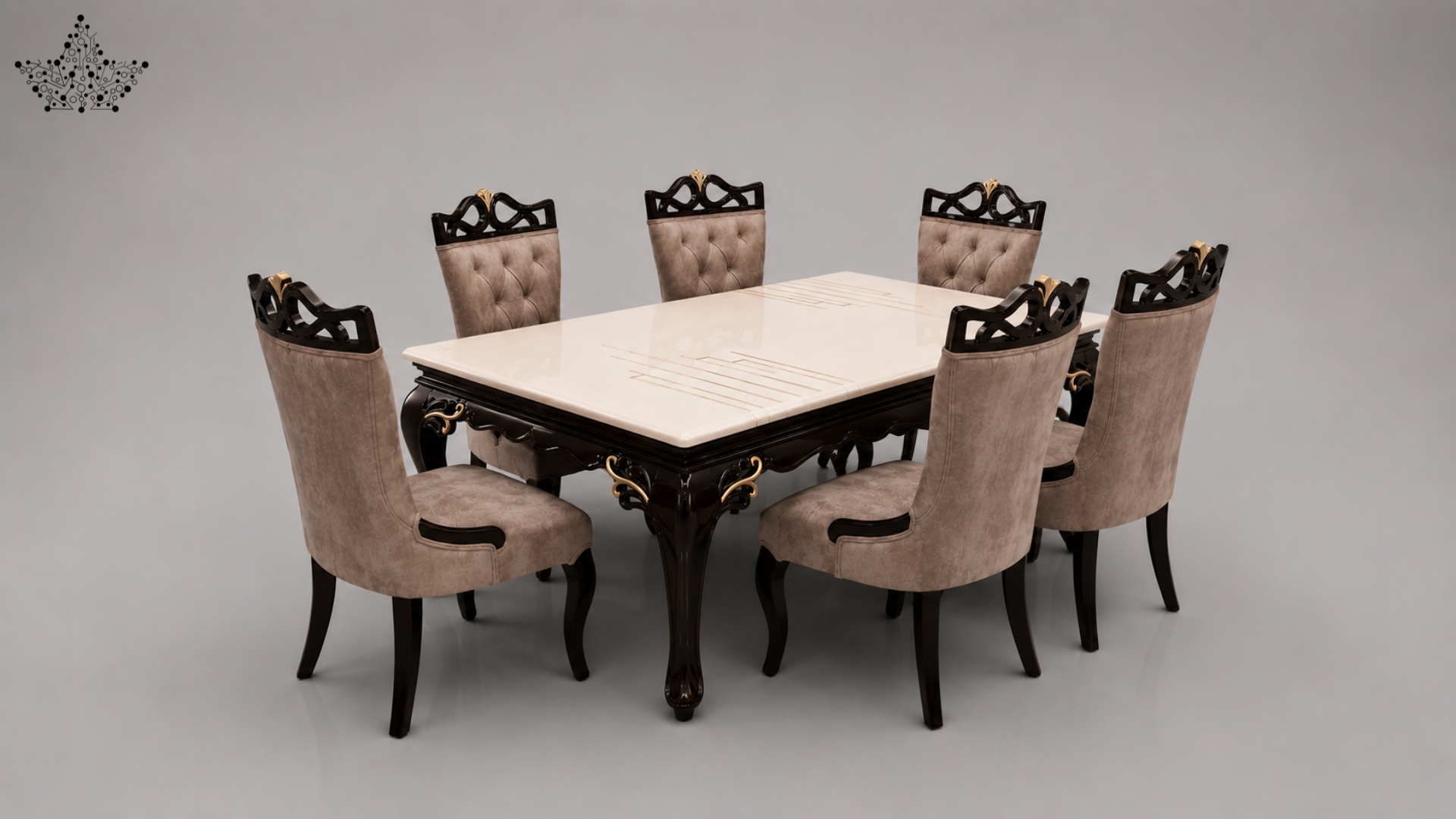 Dining table set with six chairs on a gray background