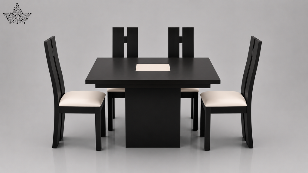 Black dining table with four matching chairs on a gray background