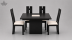 Black dining table with four matching chairs on a gray background