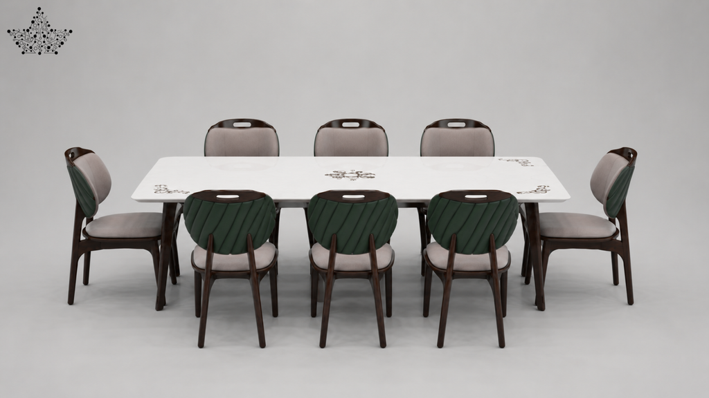 Dining table set with chairs on a gray background