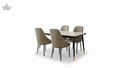 Dining table set with four chairs on a white background