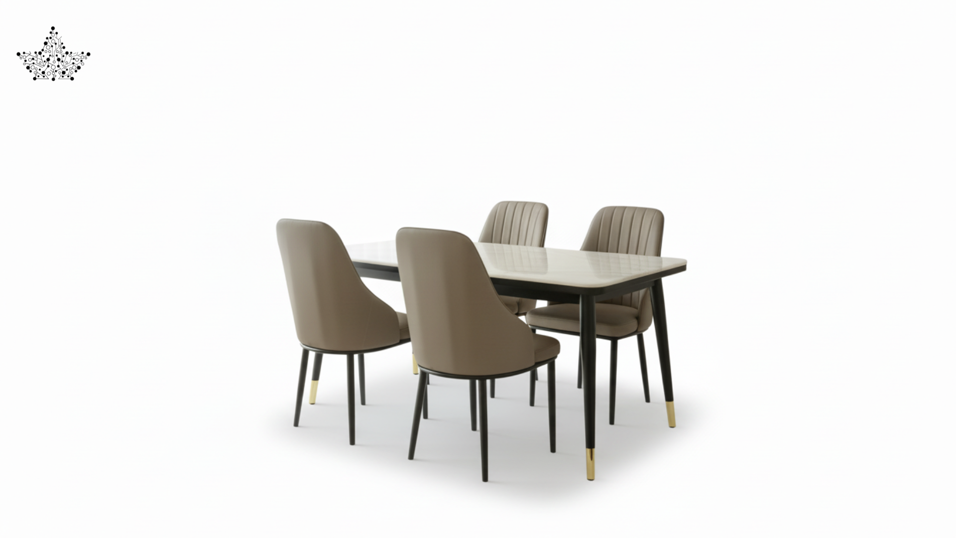 Dining table set with four chairs on a white background