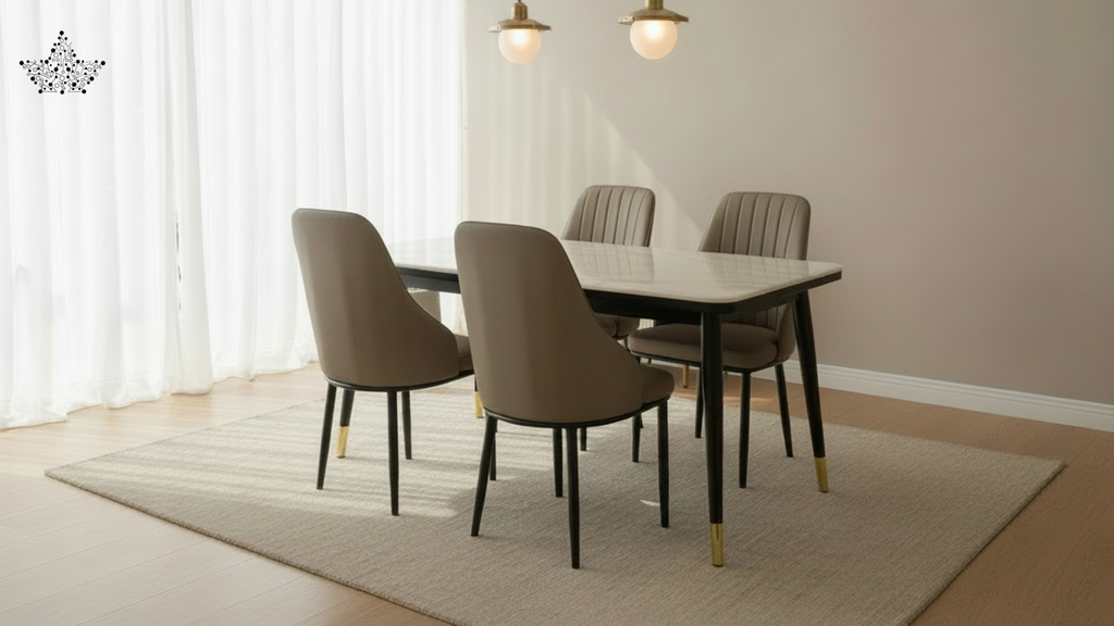 Dining room with a table and chairs on a beige rug