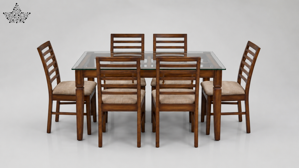 Dining table set with six wooden chairs on a white background