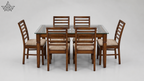 Dining table set with six wooden chairs on a white background
