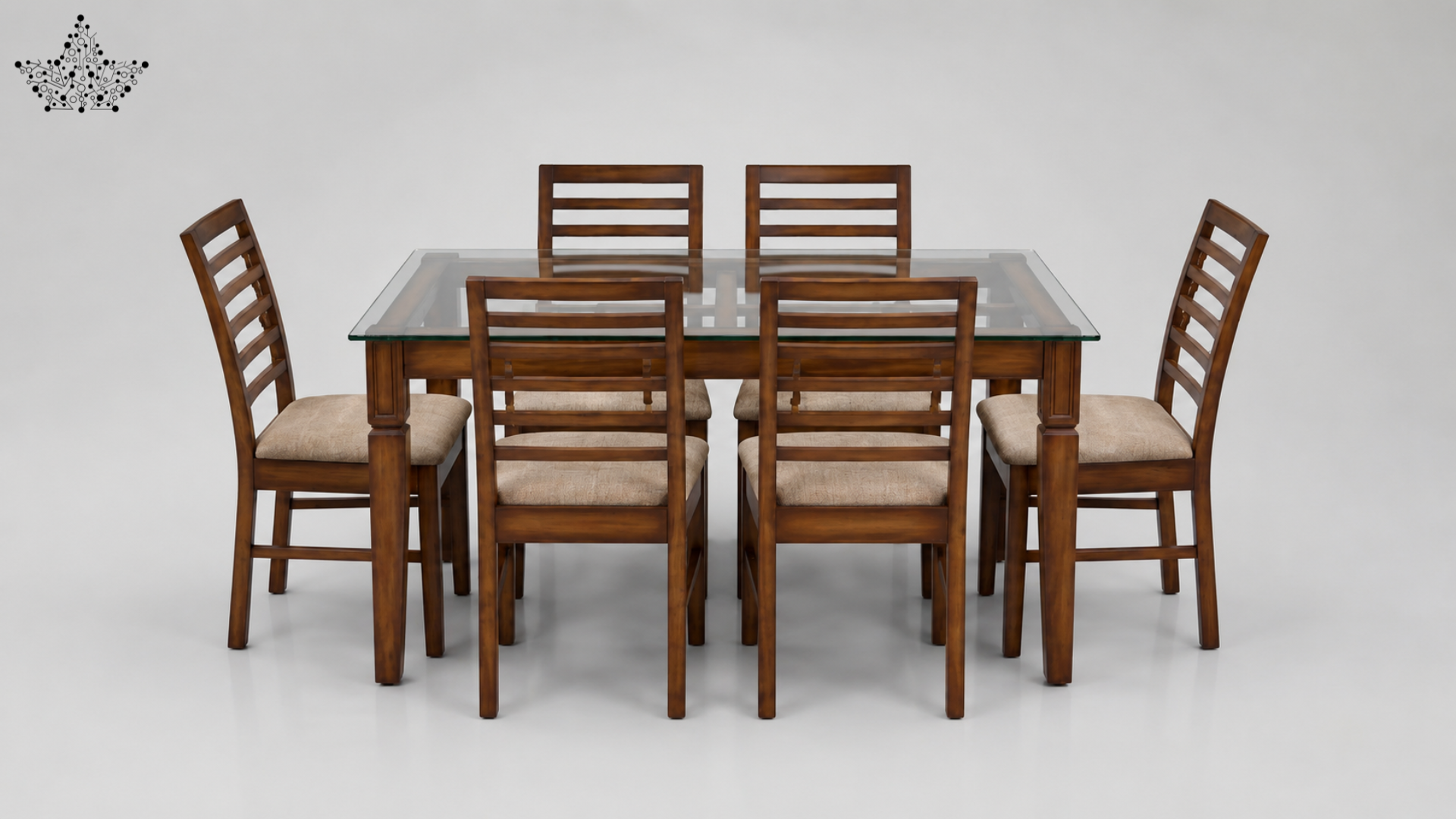 Dining table set with six wooden chairs on a white background