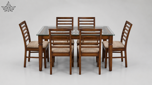 Dining table set with six wooden chairs on a white background